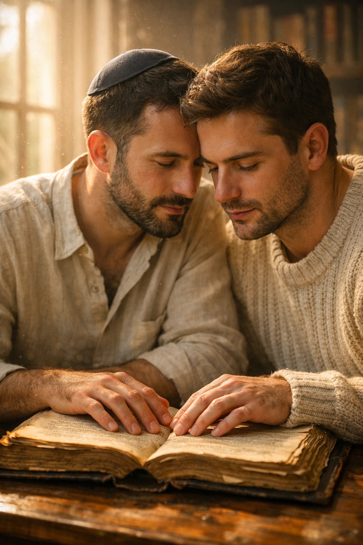 Two gay men exploring queer spirituality and faith over an open book in a quiet, sunlit study.