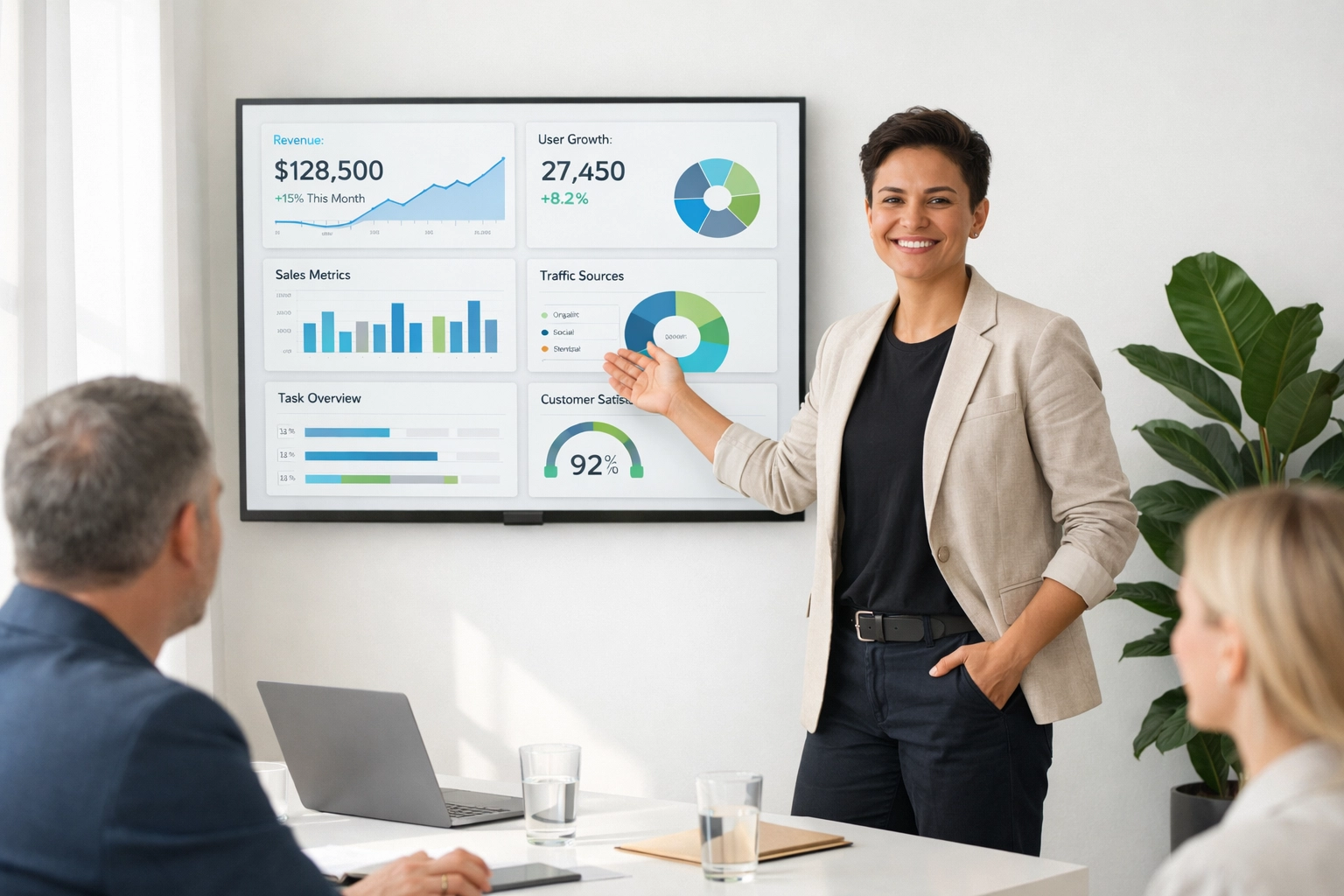 A founder presents an organized financial dashboard, demonstrating investor readiness and health.