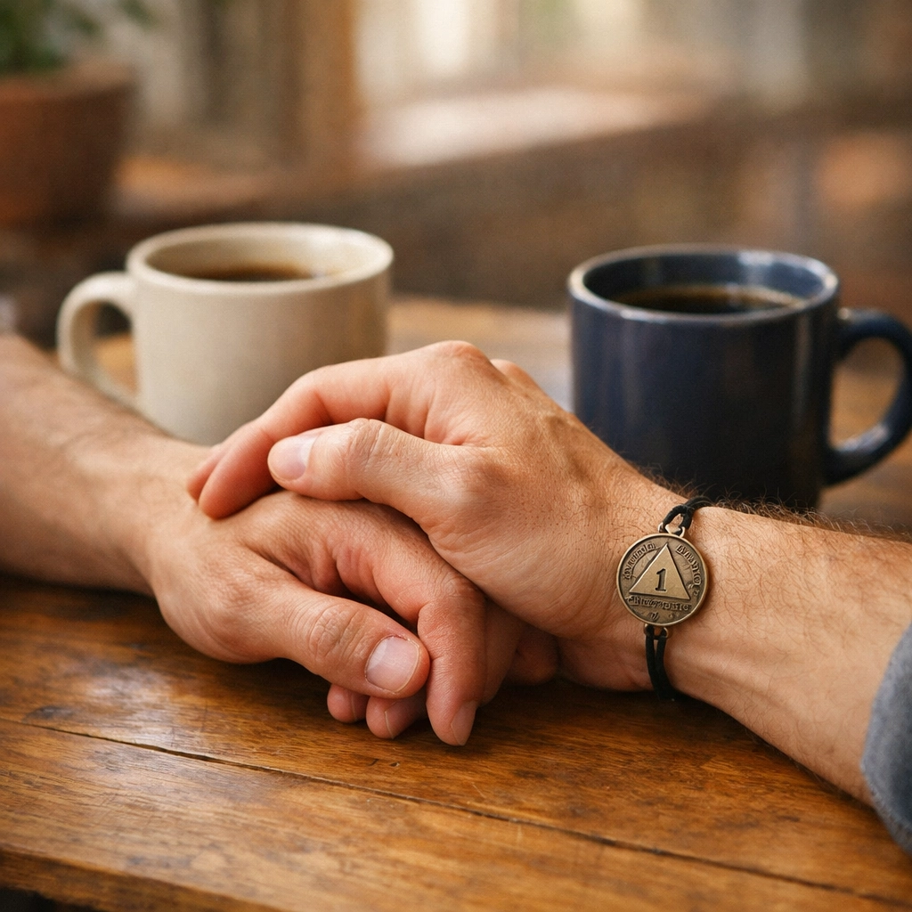 Gay couple holding hands showing partnership and support in recovery