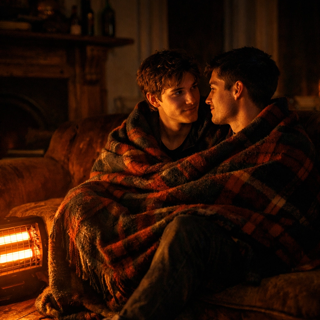 Male students in a cold Dunedin flat sharing a blanket during a romantic bisexual awakening MM romance moment.