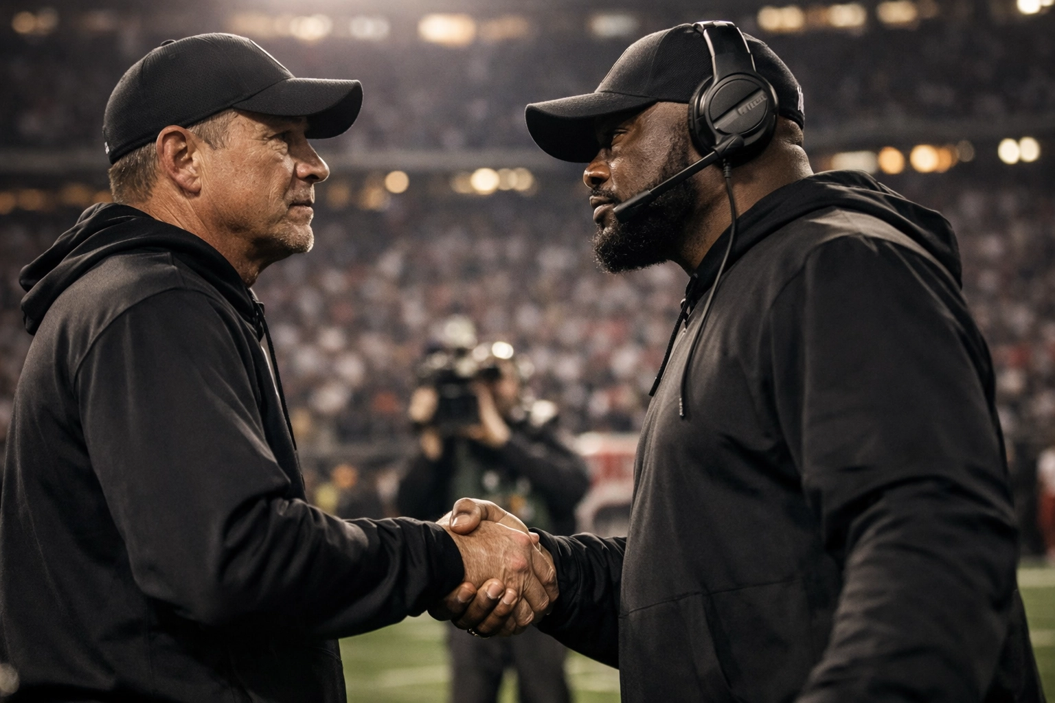 Two NFL head coaches shaking hands at midfield after game in 2026 season