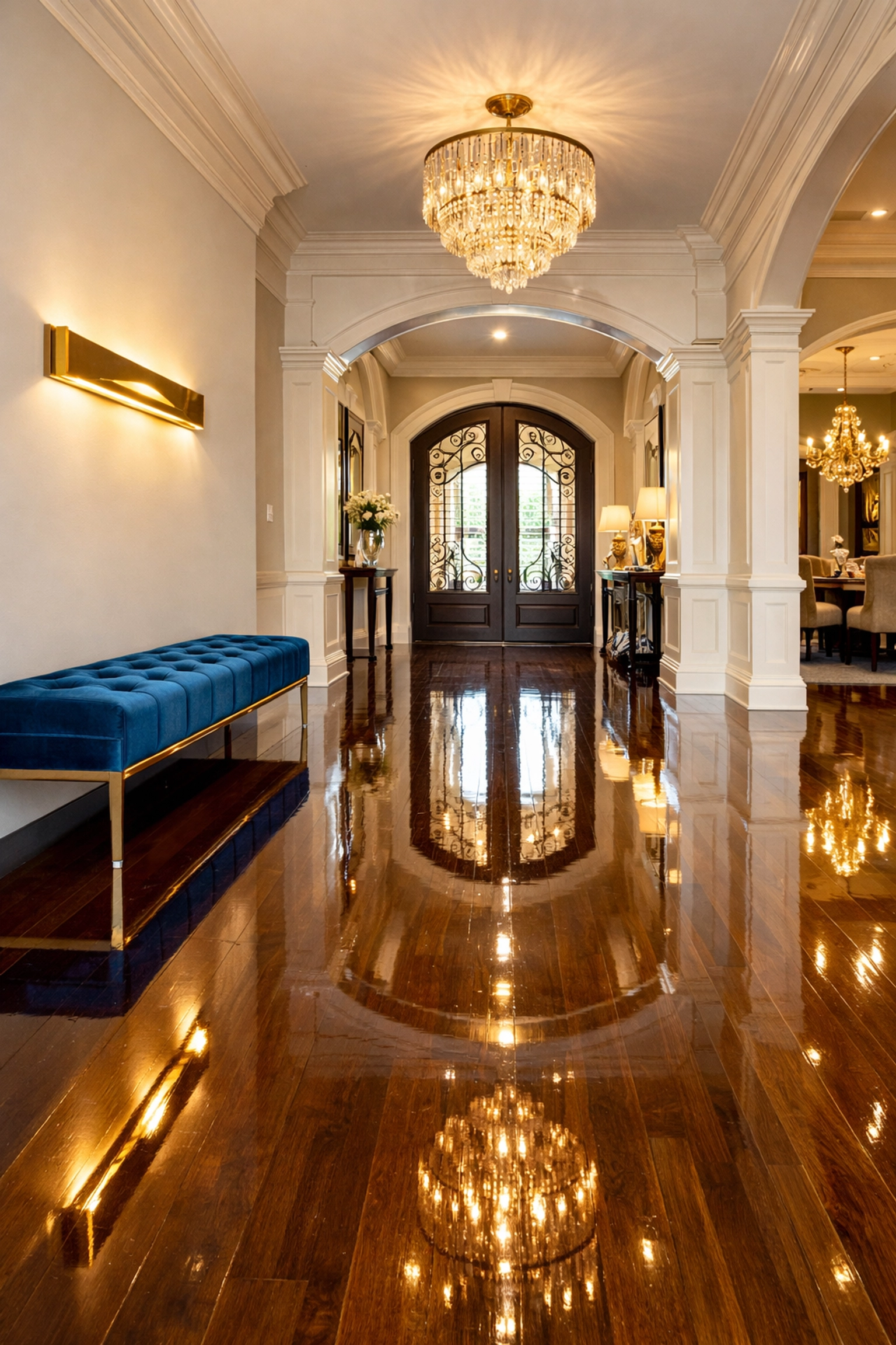 Impeccably polished hardwood floors in a luxury Franklin home following professional house cleaning services.