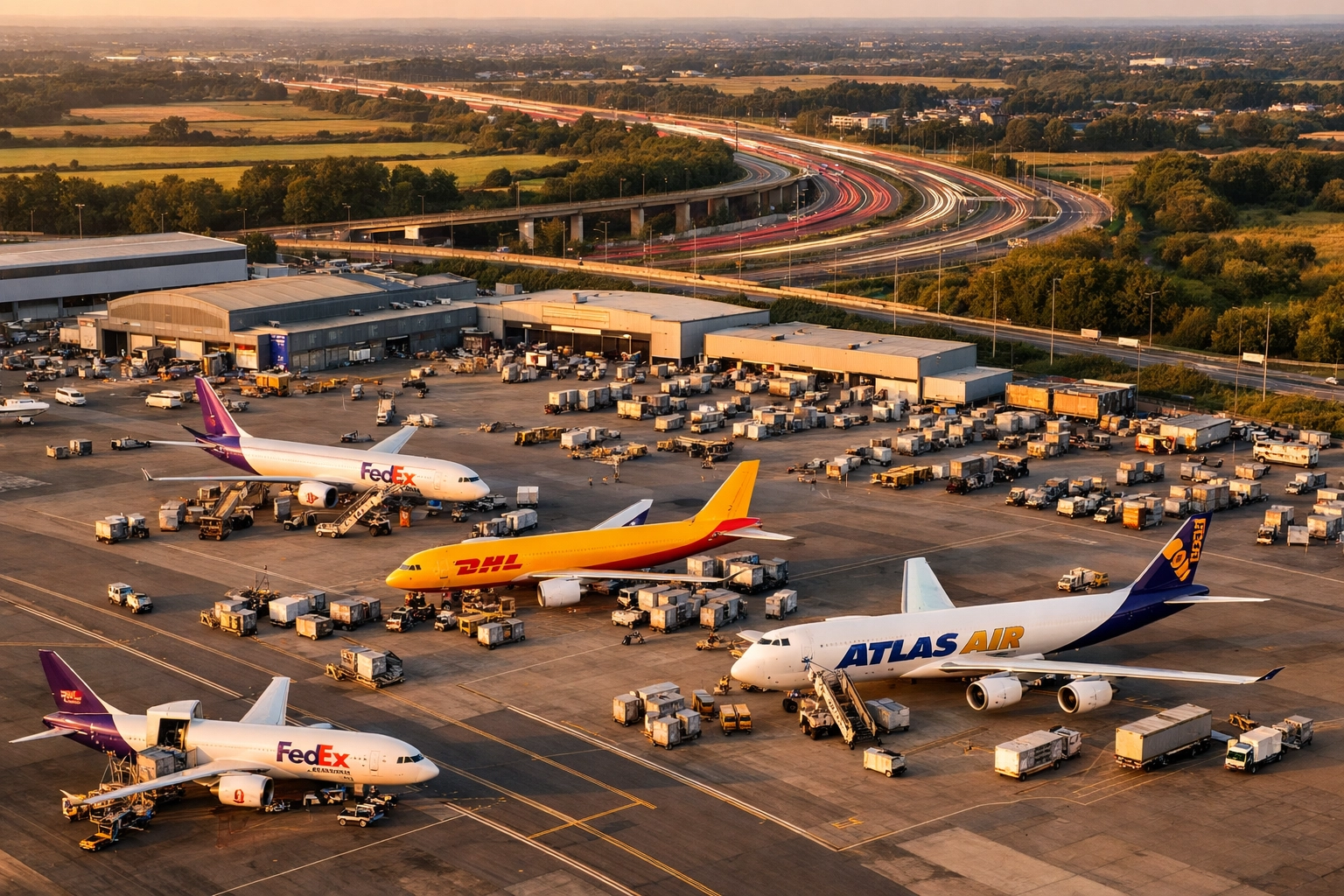 Manchester Airport cargo terminal with freight aircraft and cargo operations