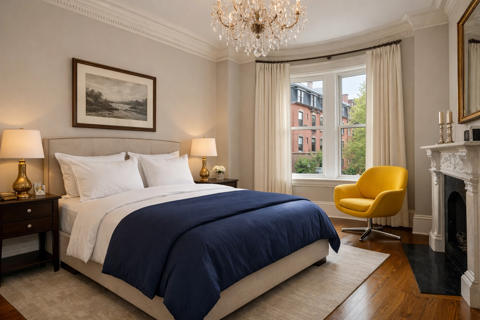 Perfectly organized bedroom in a Boston brownstone after a professional apartment cleaning service.
