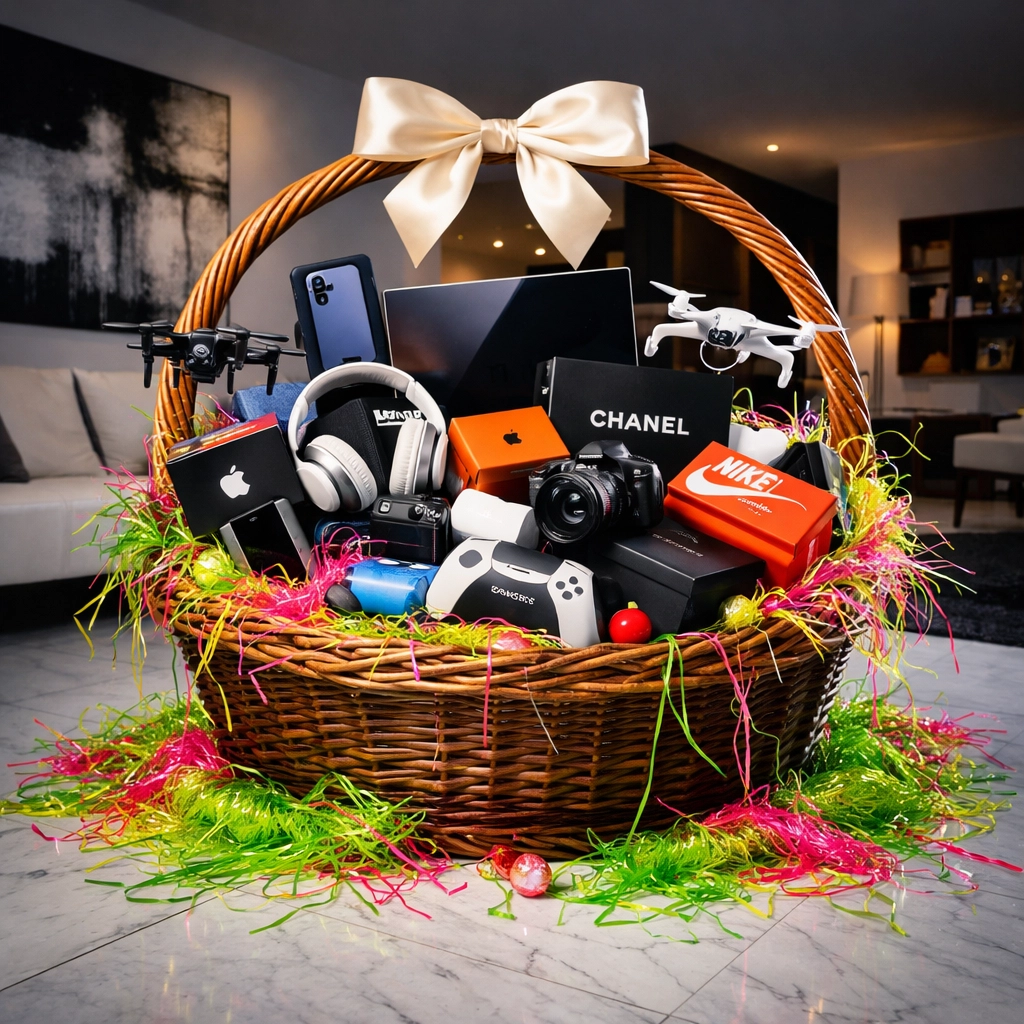 Oversized luxury Easter basket overflowing with expensive electronics and designer gifts in a modern home.