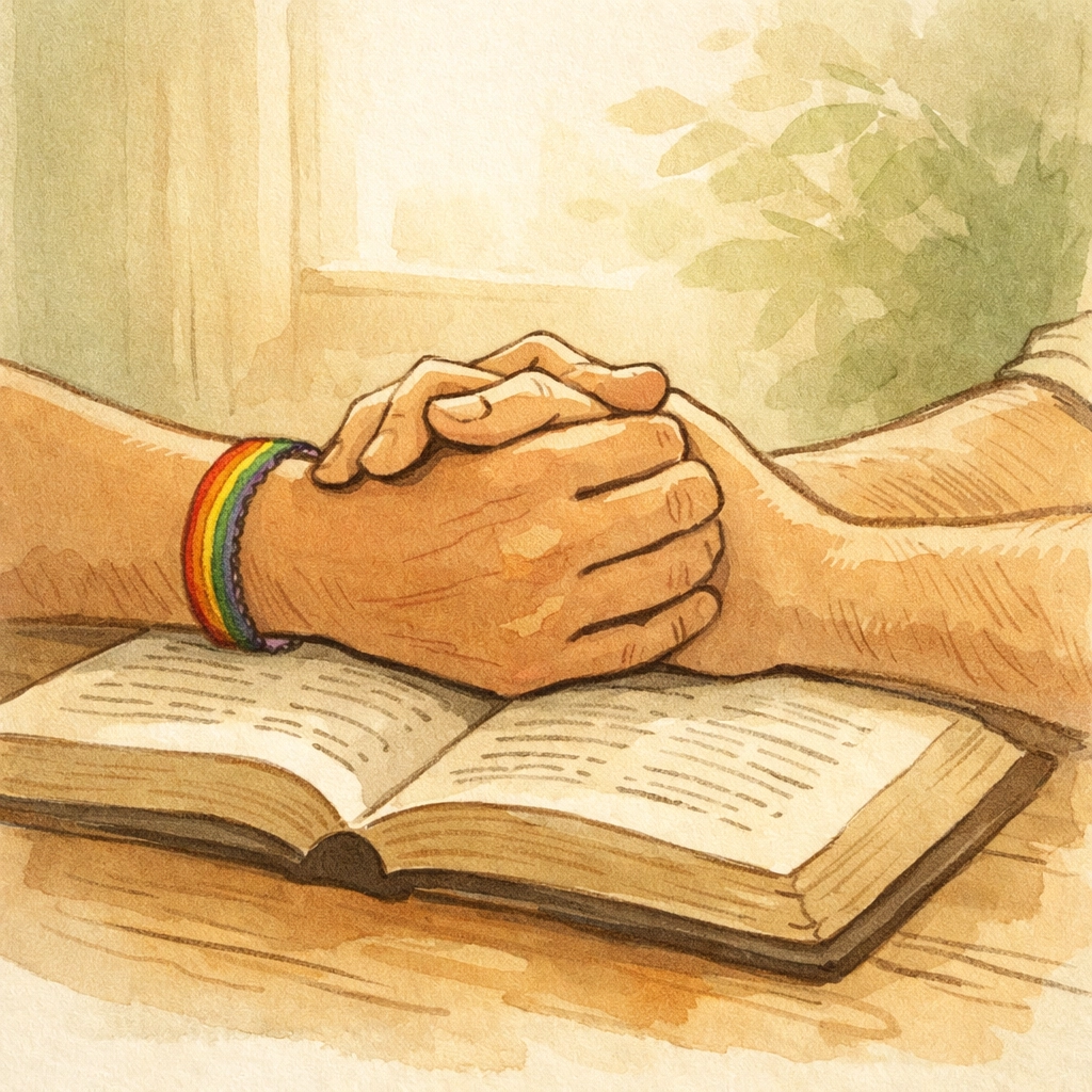 Gay men's hands clasped in prayer over Bible showing faith and spiritual healing