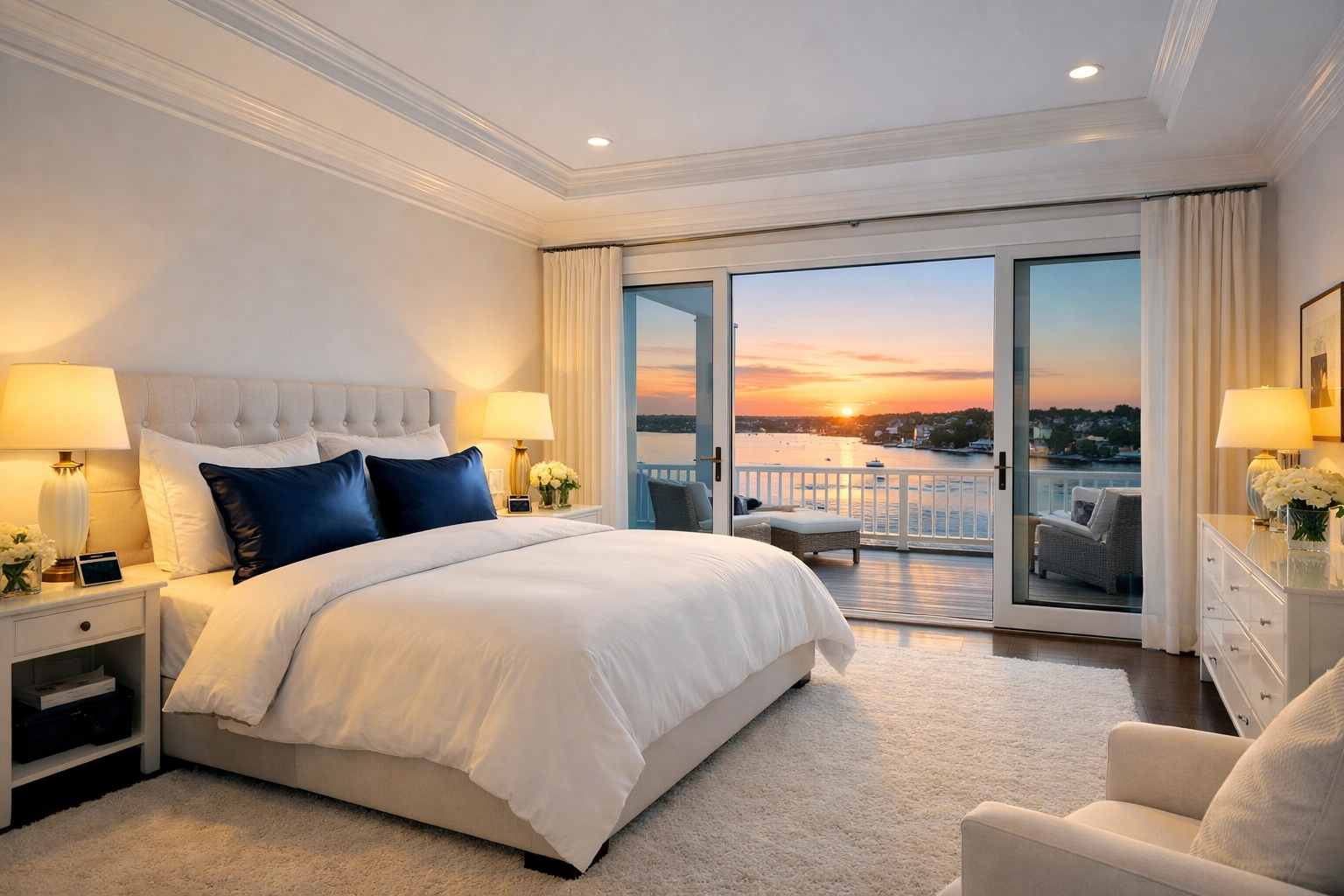 Master suite with harbor views following deep cleaning luxury waterfront properties in Cohasset.