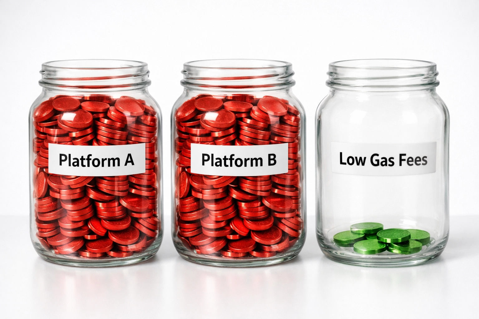 Three jars comparing merchant fees: NOWPayments and CoinPayments full, Larecoin minimal