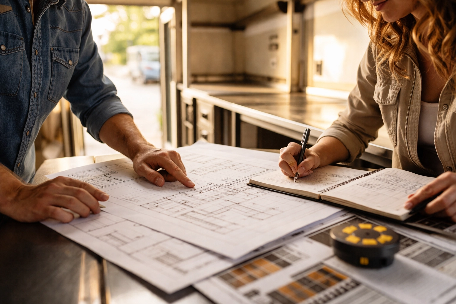 Food truck consultant and owner reviewing layout plans inside truck shell