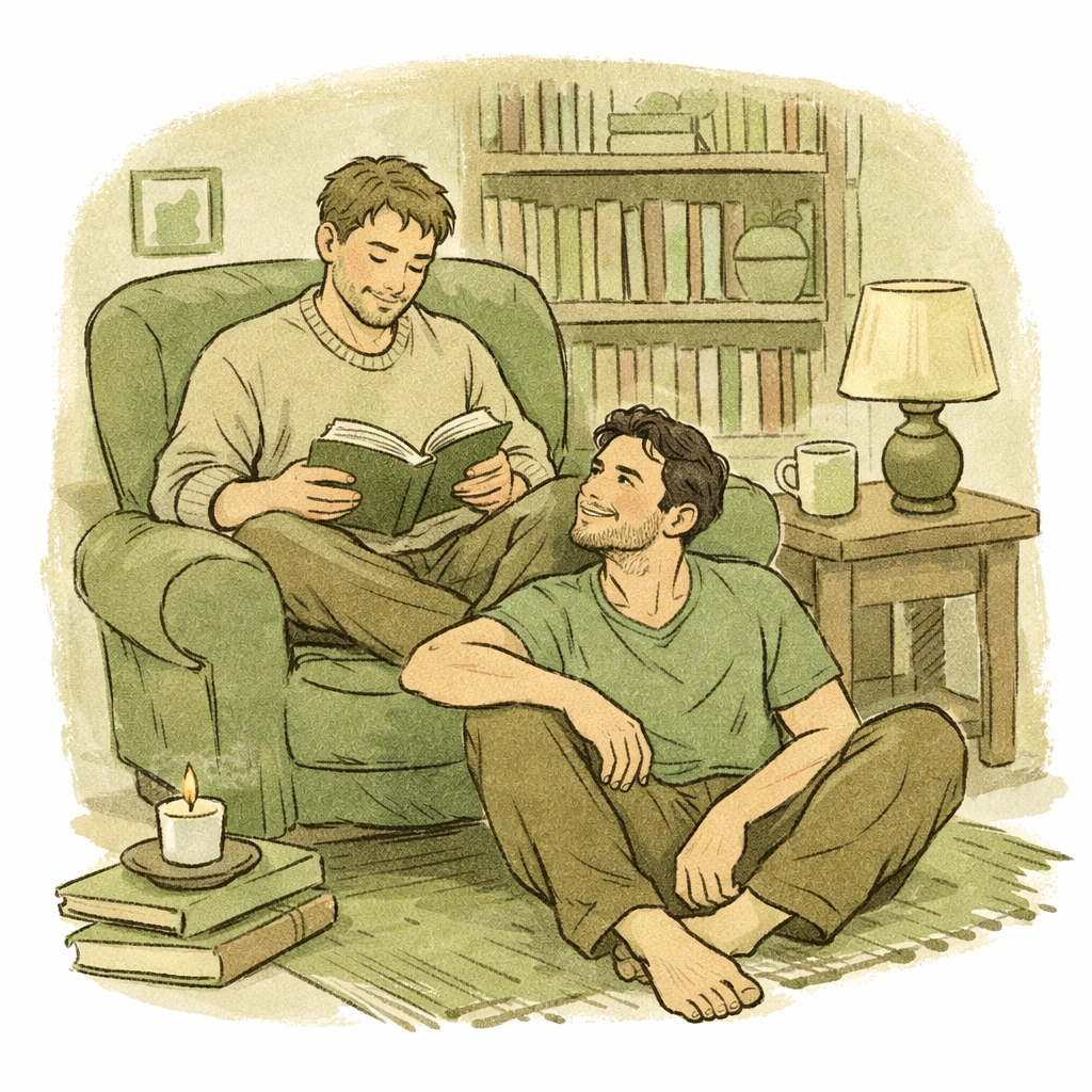 Two men sharing a cozy, slow-burn moment of emotional intimacy in a literary MM romance library.