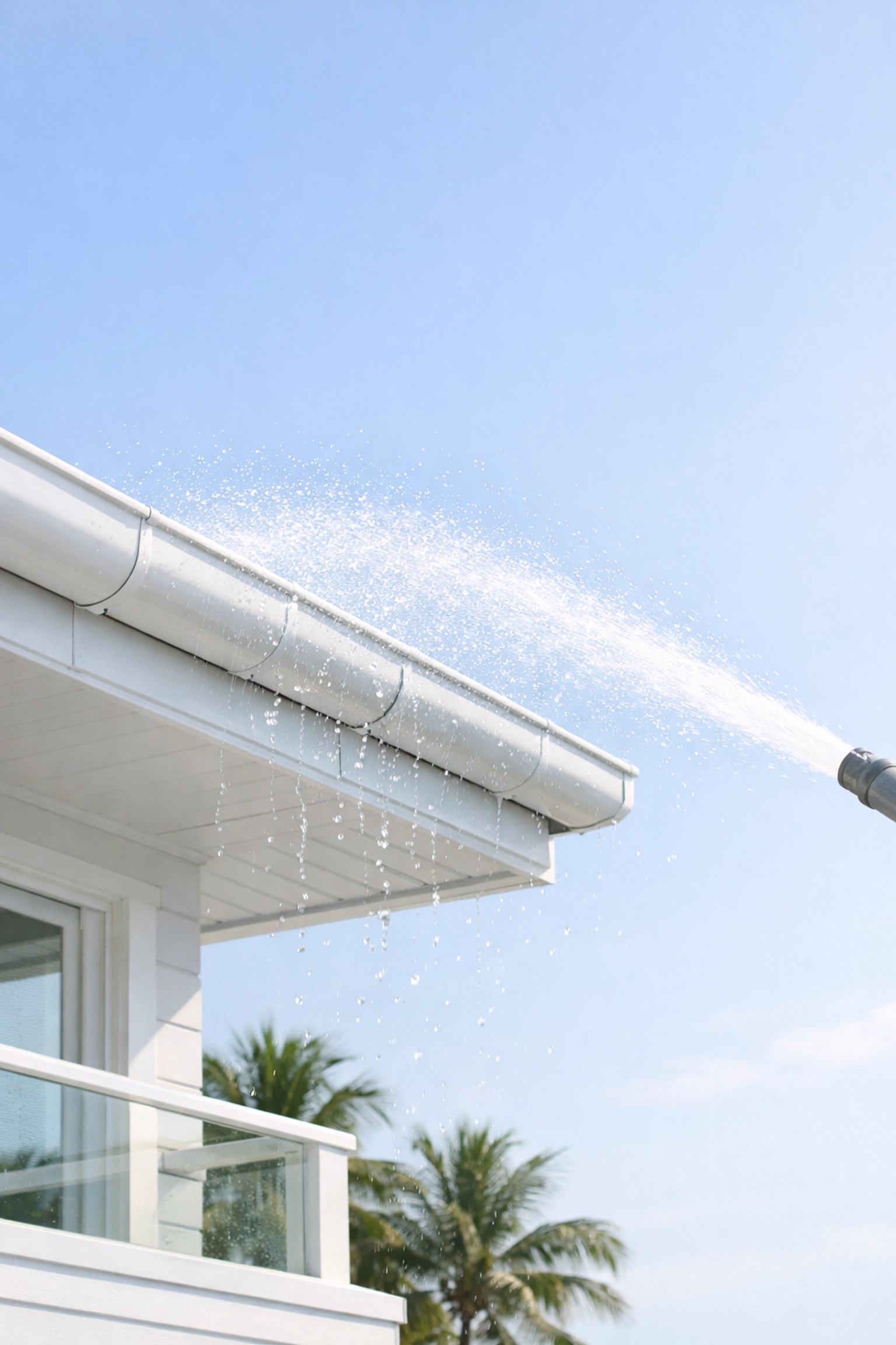 Regular maintenance showing fresh water rinsing of white metal gutters on a Northern Beaches home.