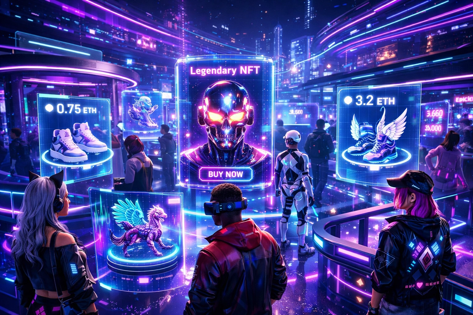 Avatars browsing virtual storefronts in metaverse shopping mall with NFT collectibles and holographic displays