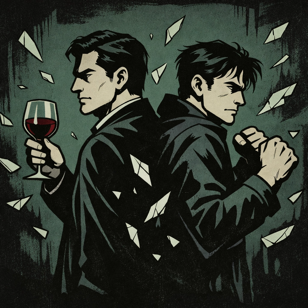 Two men in conflict with wine glass and shattered glass depicting betrayal in gay thriller