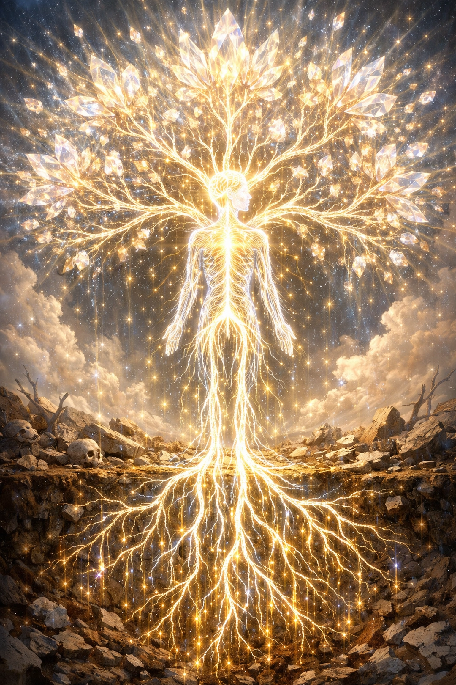 Glowing tree of life nervous system representing biological evolution and vibrant nervous system health.