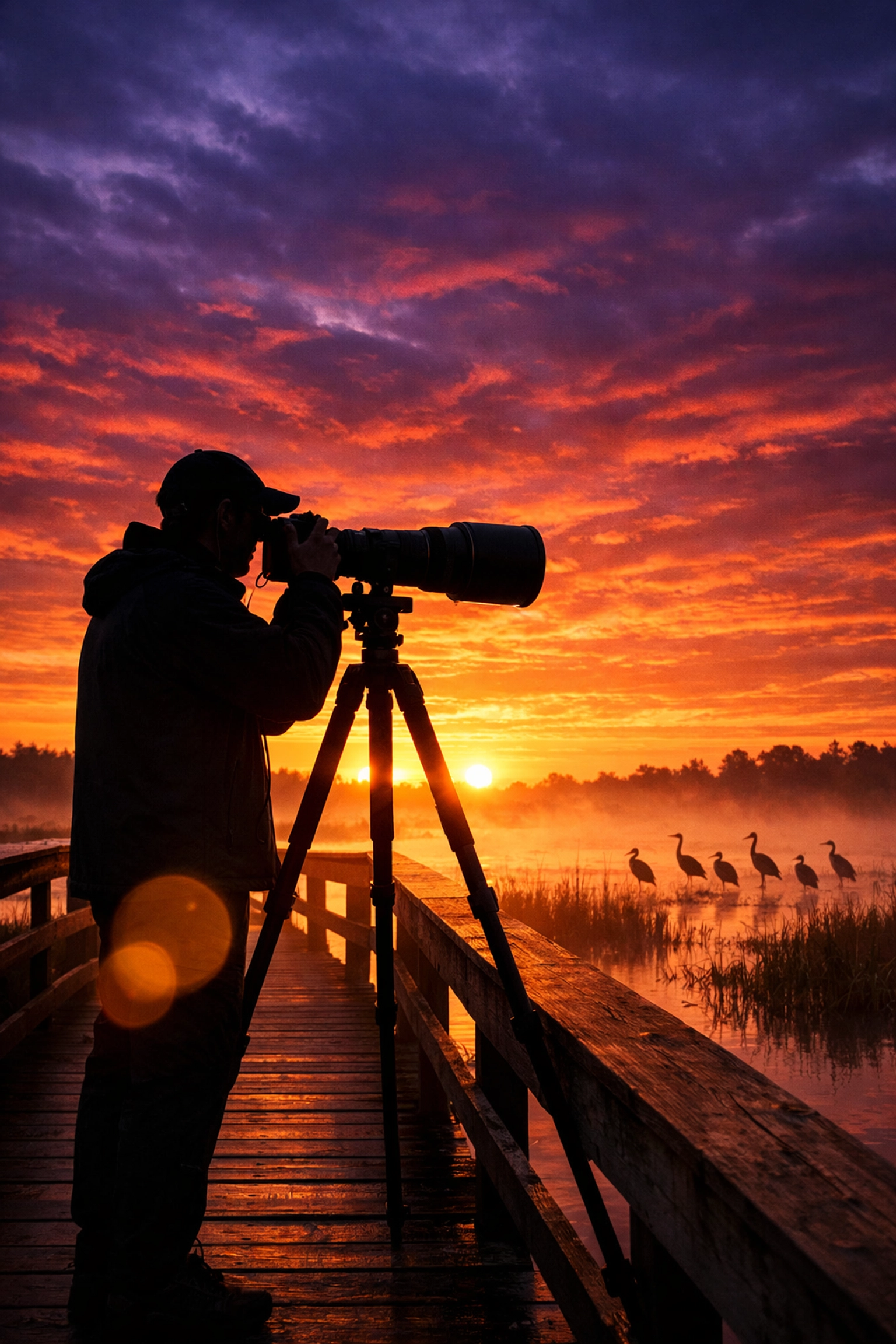 A wildlife photographer with a tripod at dawn, preparing to capture birds during a Florida photography workshop.