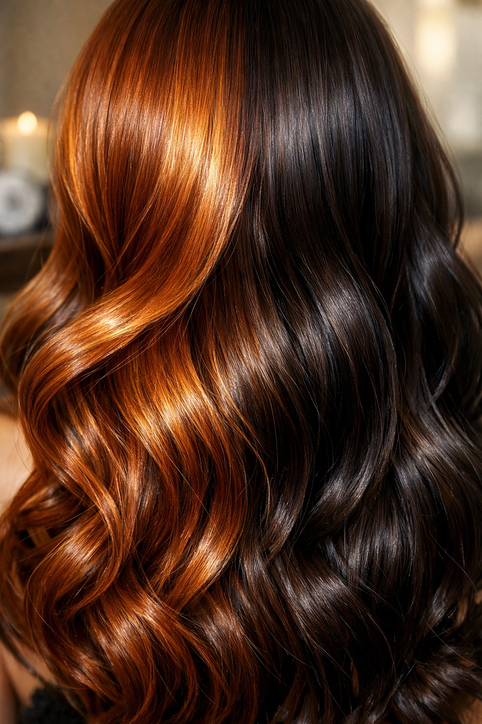 Radiant copper and espresso hair color trends showing glossy texture and healthy waves.