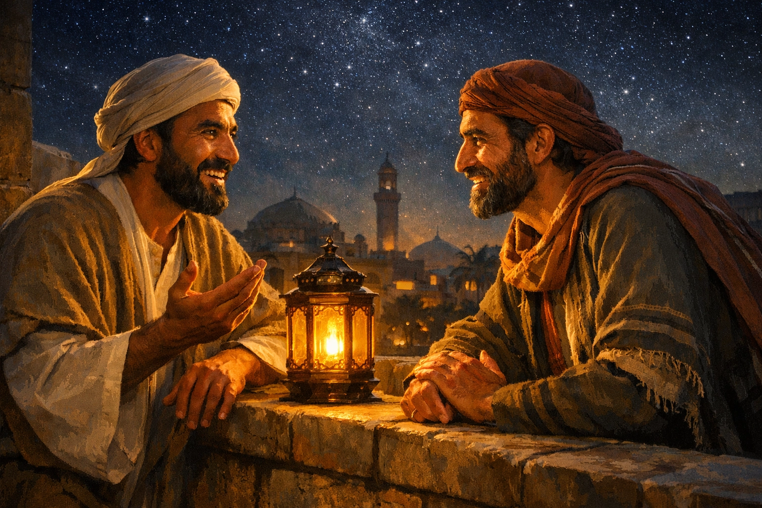 Ancient Middle Eastern men in a deep conversation about spiritual rebirth under a starry night sky.