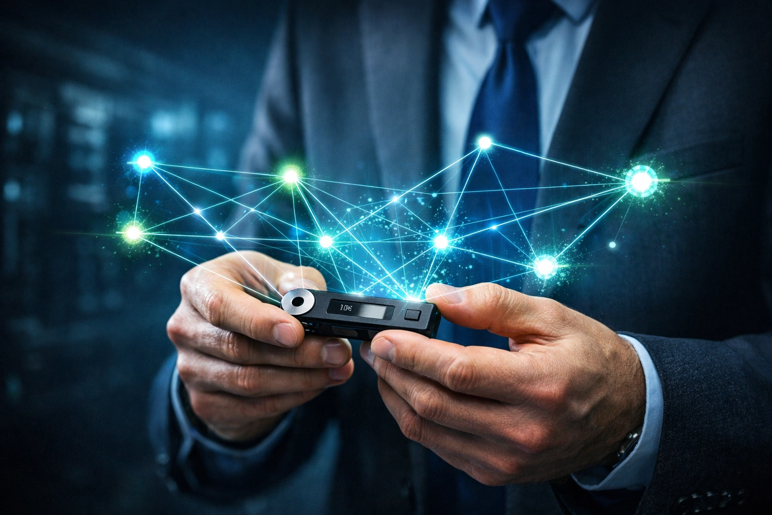 Merchant holding self-custody hardware wallet with direct blockchain payment connections