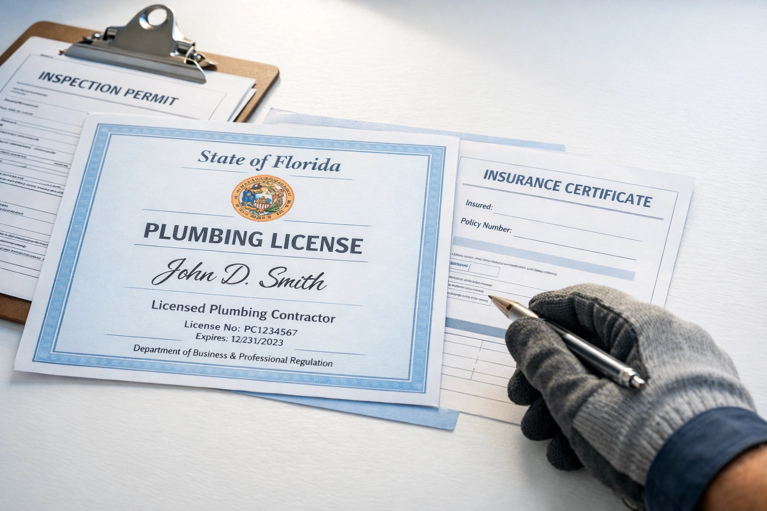 Florida plumbing license certificate and insurance documentation for verified plumber credentials