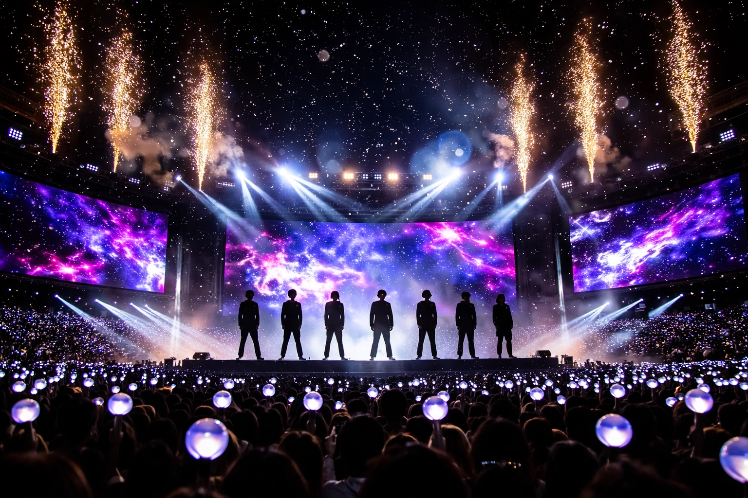 BTS World Tour 2026 stadium concert with glowing light sticks, pyrotechnics, and a vibrant crowd
