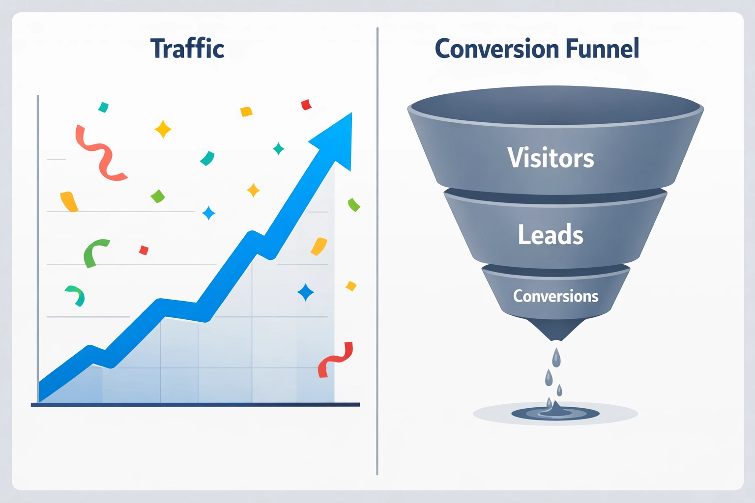 Dashboard comparing high website traffic with low conversion rates in SEO analytics