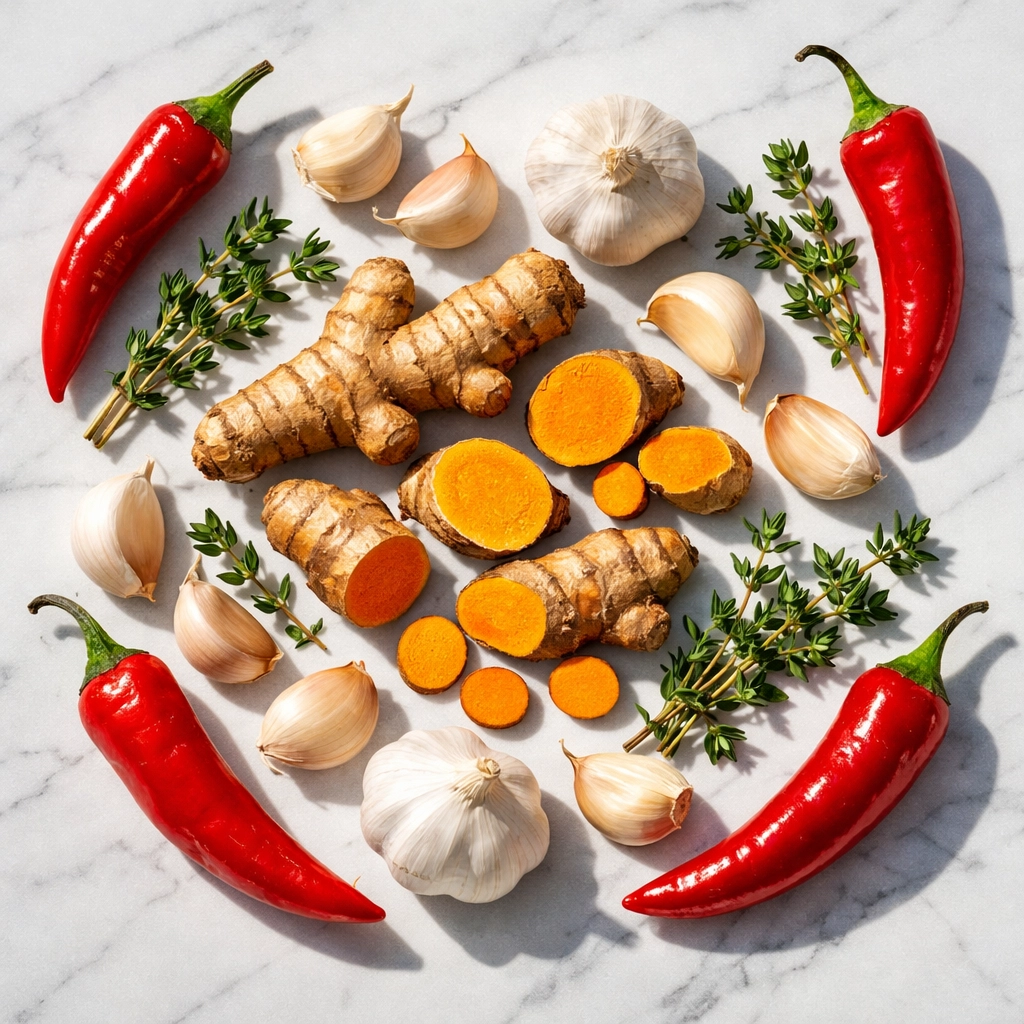Fresh cayenne peppers, turmeric root, thyme, and garlic natural healing ingredients