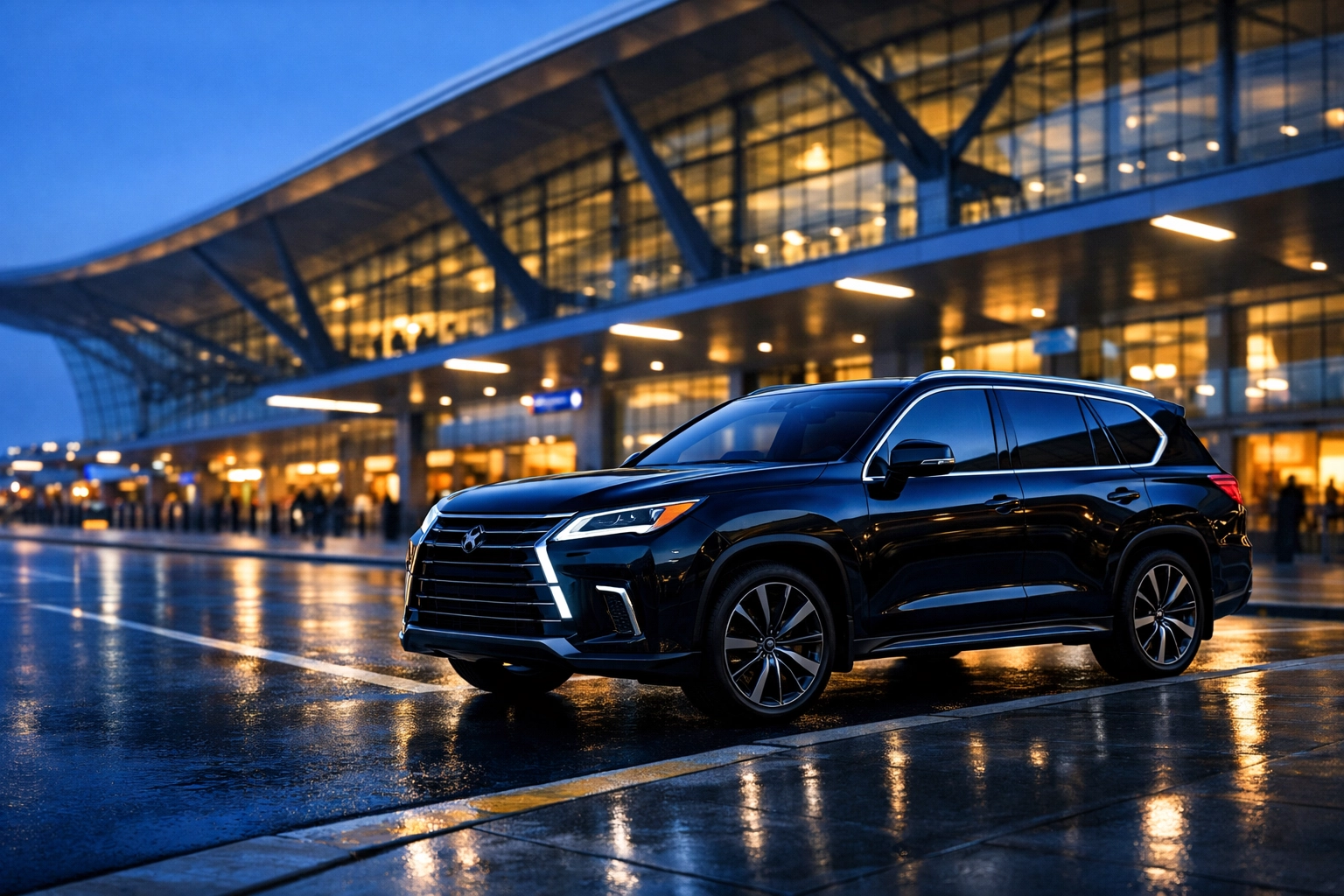 Luxury SUV parked at the airport terminal for professional chauffeur service from Newport Beach to LAX.