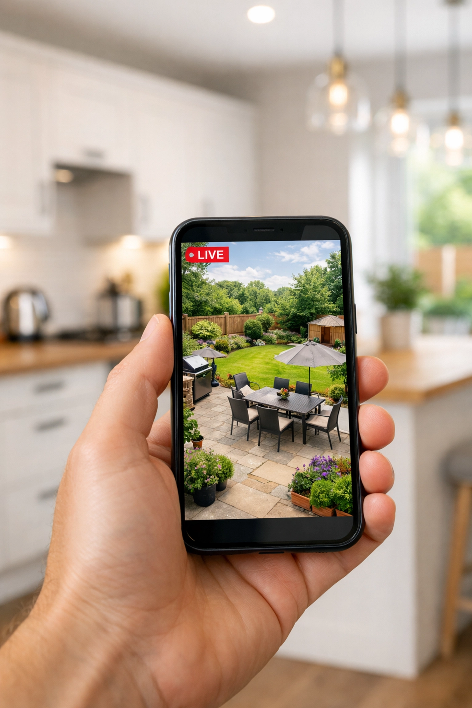 Person checking high-definition home security camera feed on a smartphone in a modern Hook home.