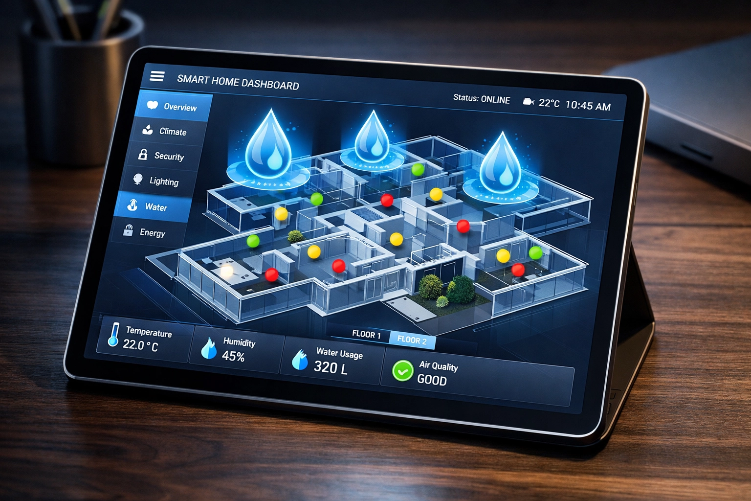 Centralized water leak detection dashboard showing real-time sensor monitoring across building floors