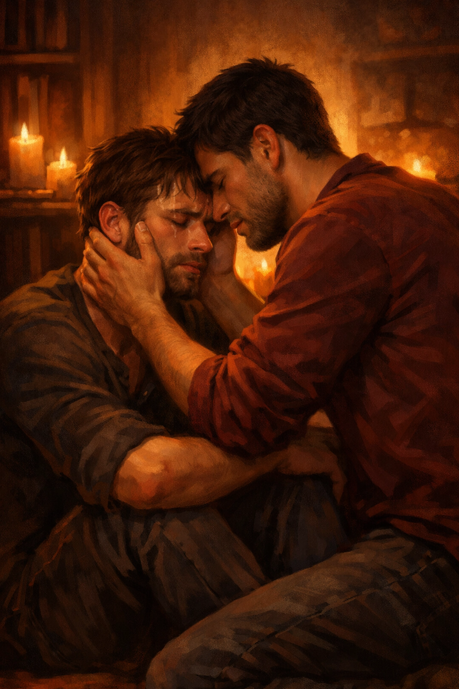 Two men in a tender hurt and comfort embrace, a classic trope found in emotional MM romance books.