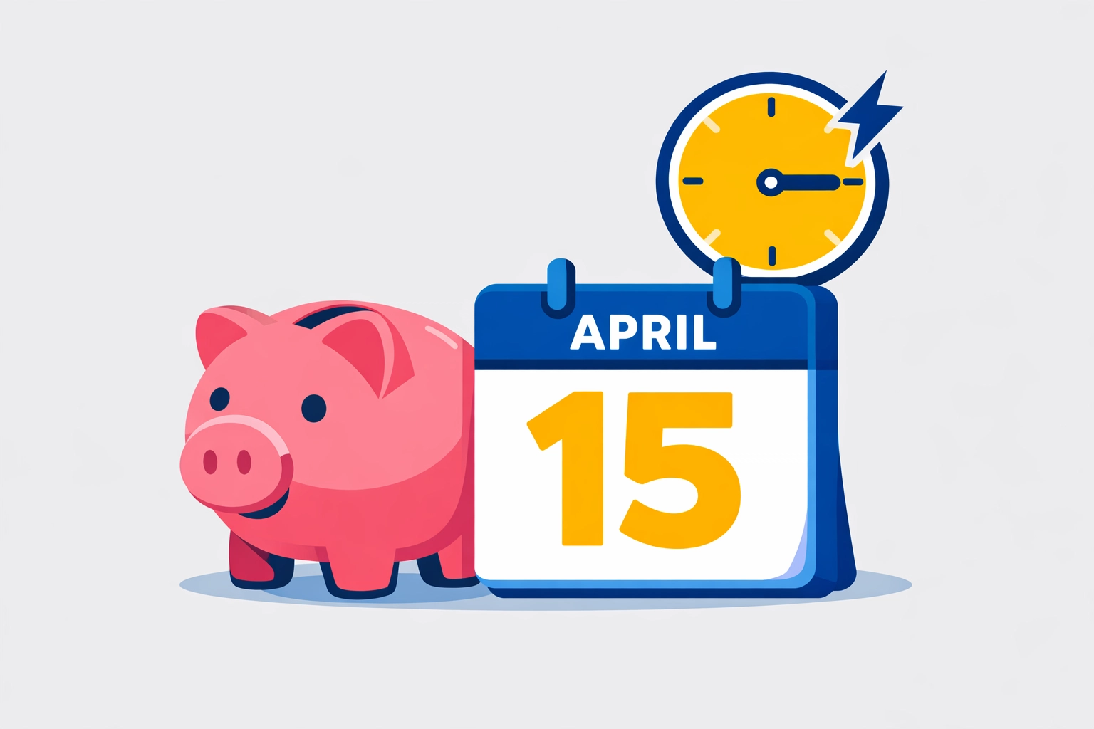 Piggy bank and April 15 calendar highlighting the tax deadline for retirement and HSA contributions.