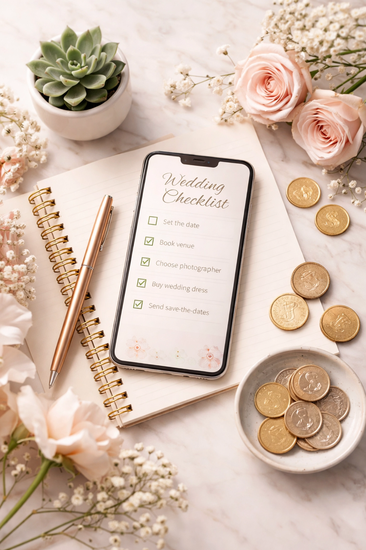 Wedding planning essentials with smartphone checklist and coins representing debt-free budget savings
