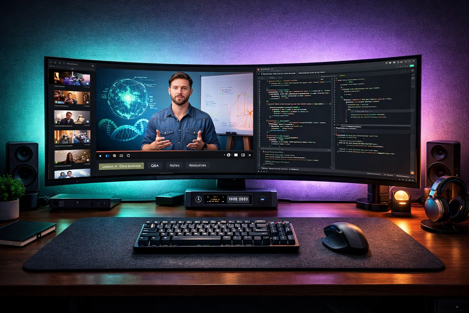 Ultrawide monitor setup showing side-by-side study resources for high productivity in a home office.