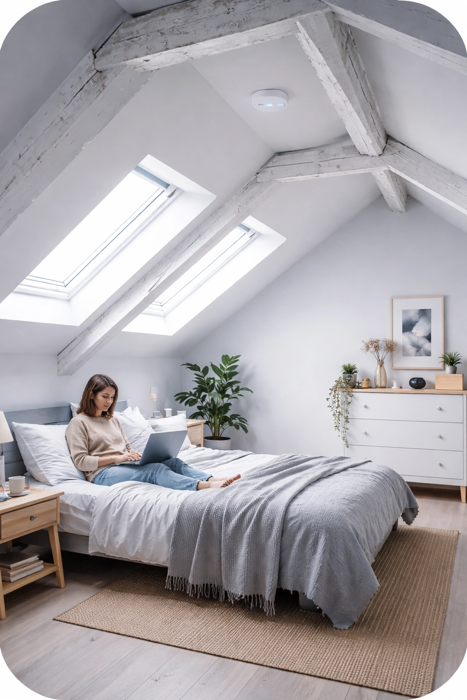 Person using laptop in a bright London loft bedroom with a WiFi access point, highlighting strong internet coverage in converted spaces.