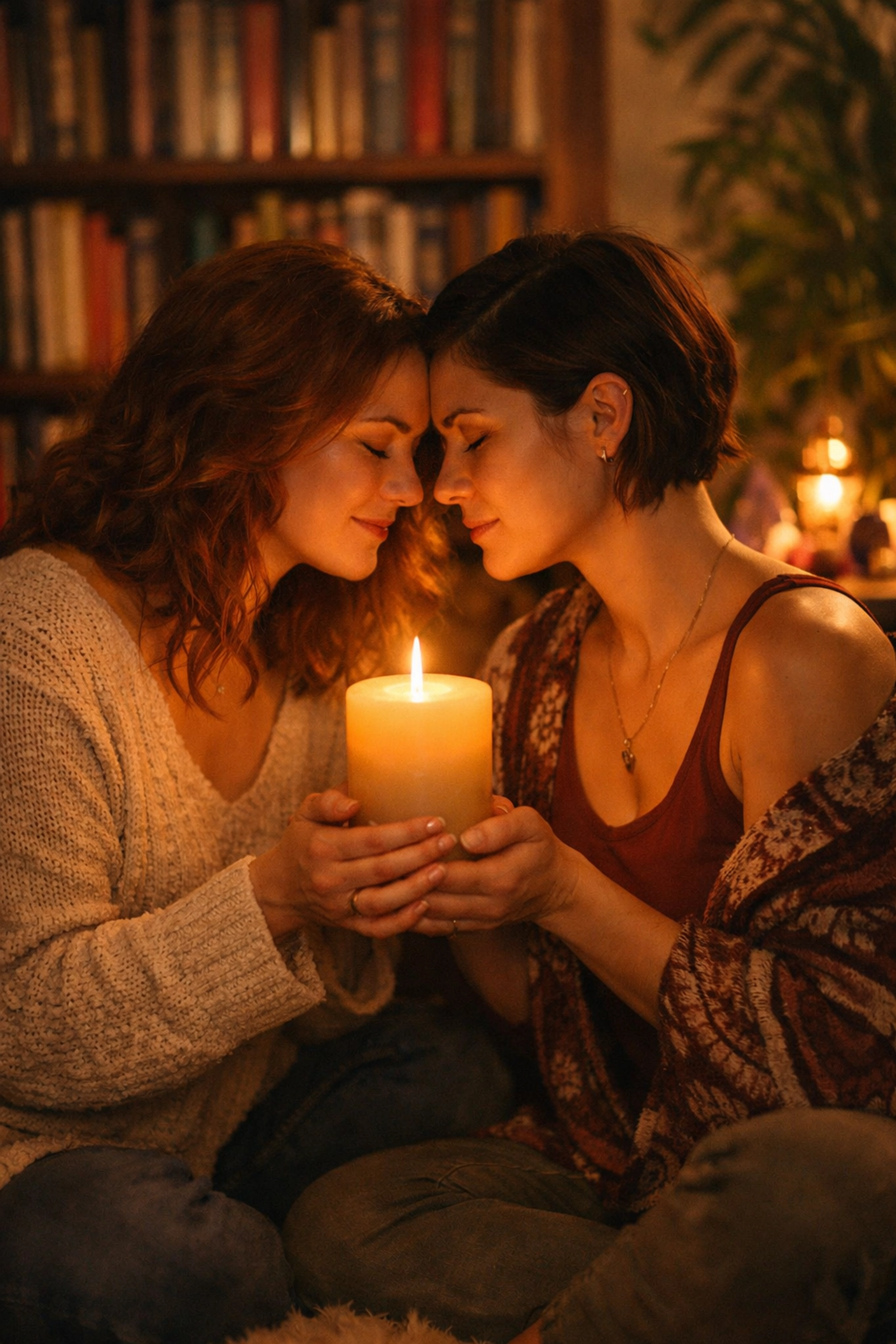 A lesbian couple performs a cozy candle ritual at home surrounded by books and plants for the winter solstice.