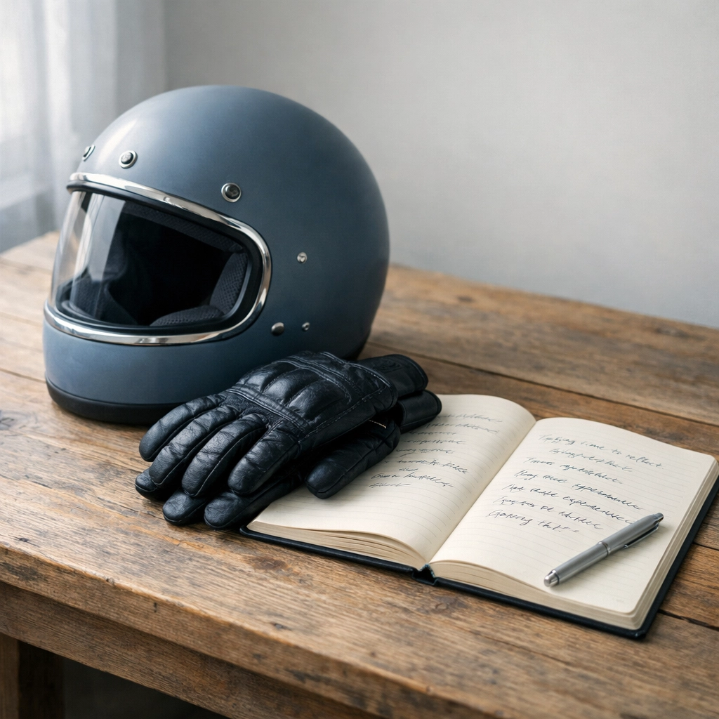 Motorcycle gear and journal symbolizing reflection and personal growth in bipolar disorder recovery