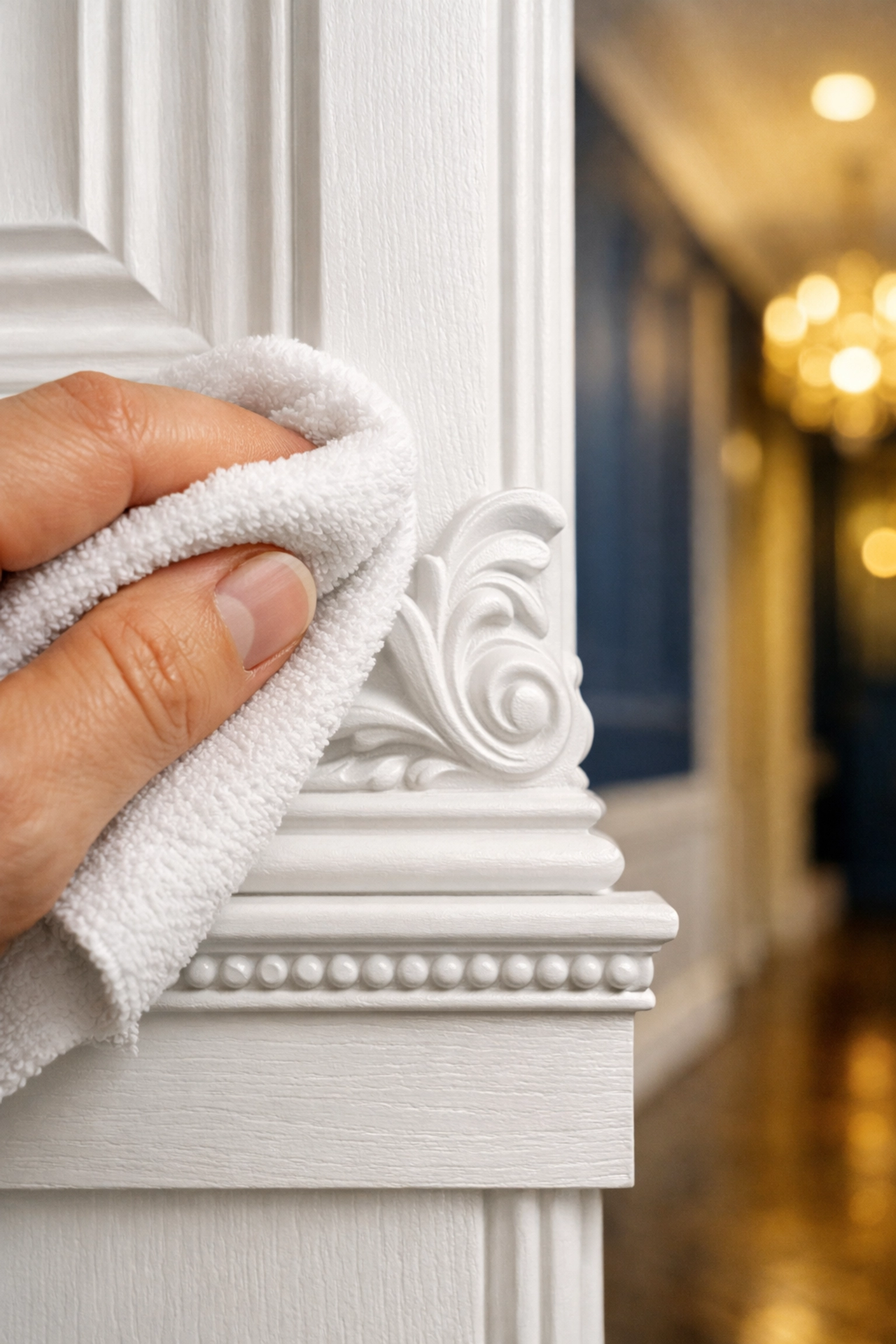 Detailed hand wiping a white door frame and baseboard during a professional deep cleaning Franklin session.