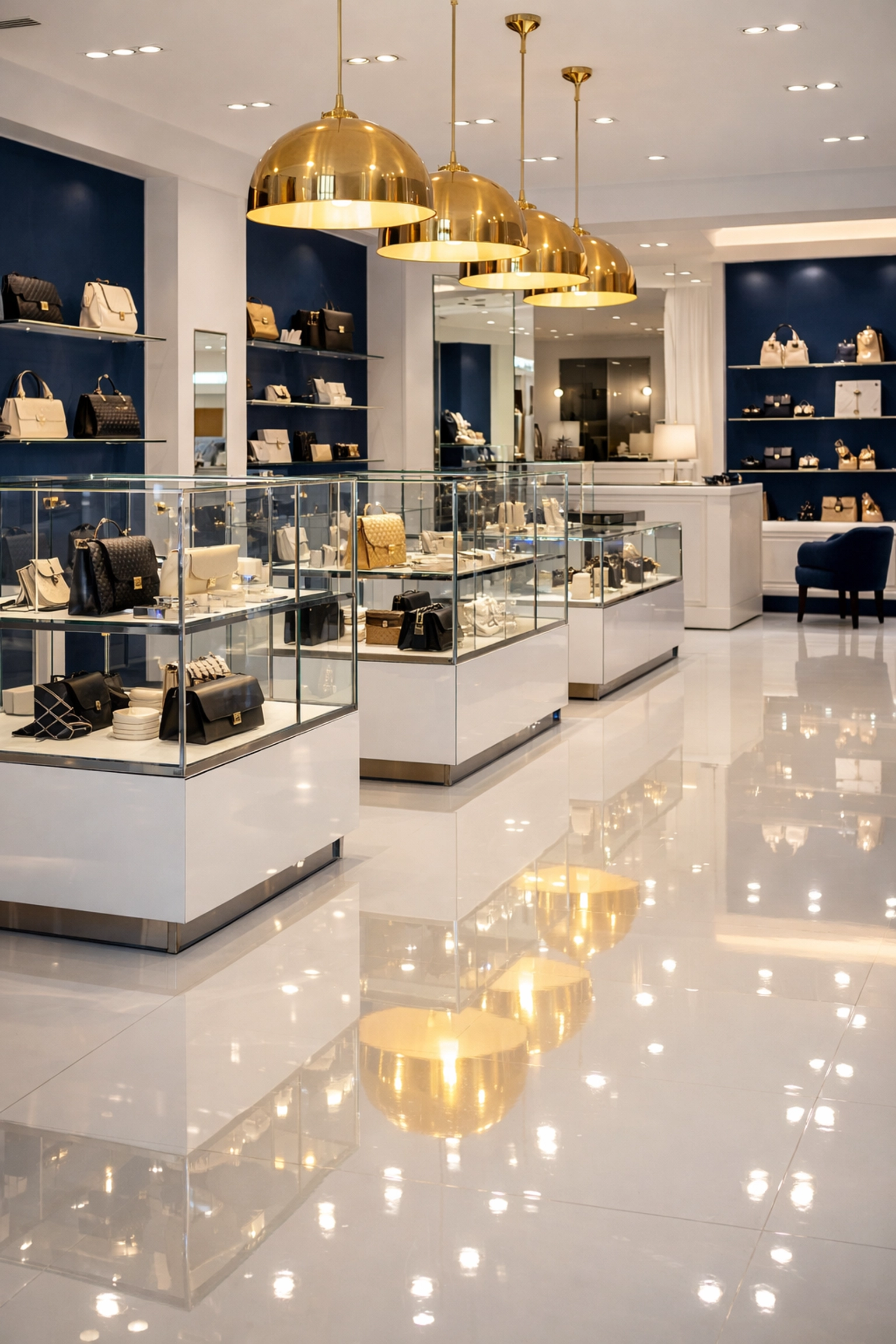 High-gloss retail floors and spotless display cases in a luxury Arlington boutique.