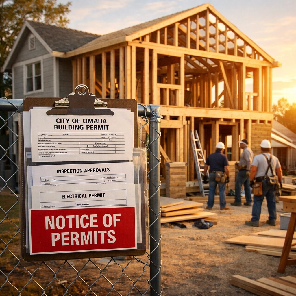 Omaha home renovation site with posted building permits and construction workers in background