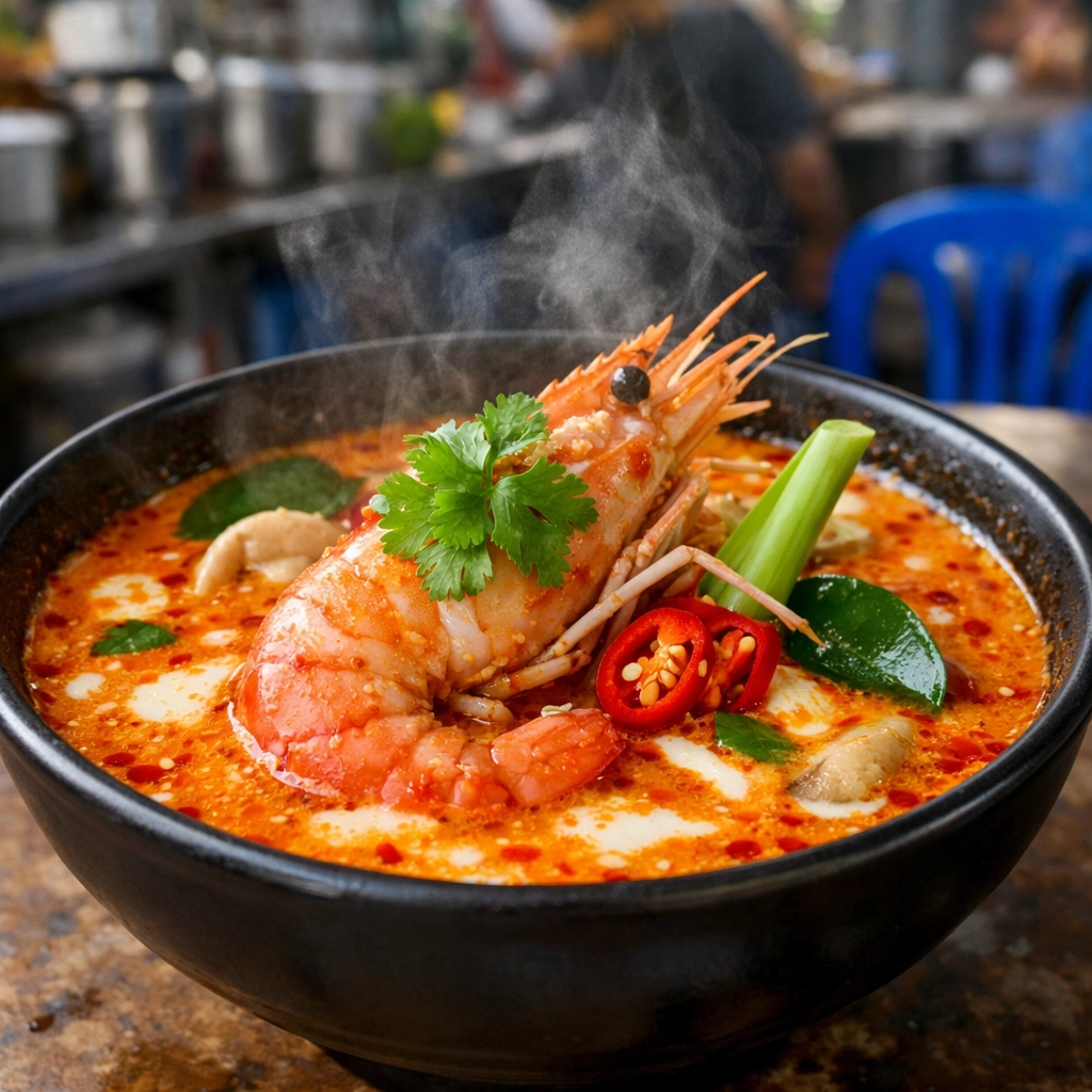 A bowl of creamy Tom Yum Goong at a Bangkok street food stall, one of the best cheap eats for travelers.