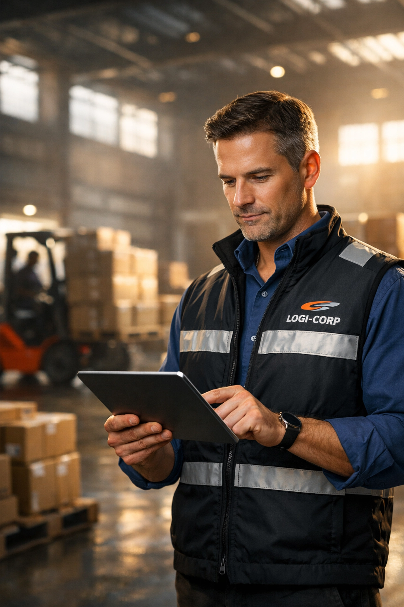 Logistics manager tracking data on a tablet in a distribution center to optimize inventory management.
