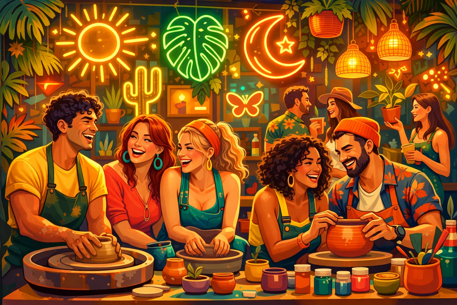 People meeting in real life and laughing at a creative community workshop with vibrant neon decor.