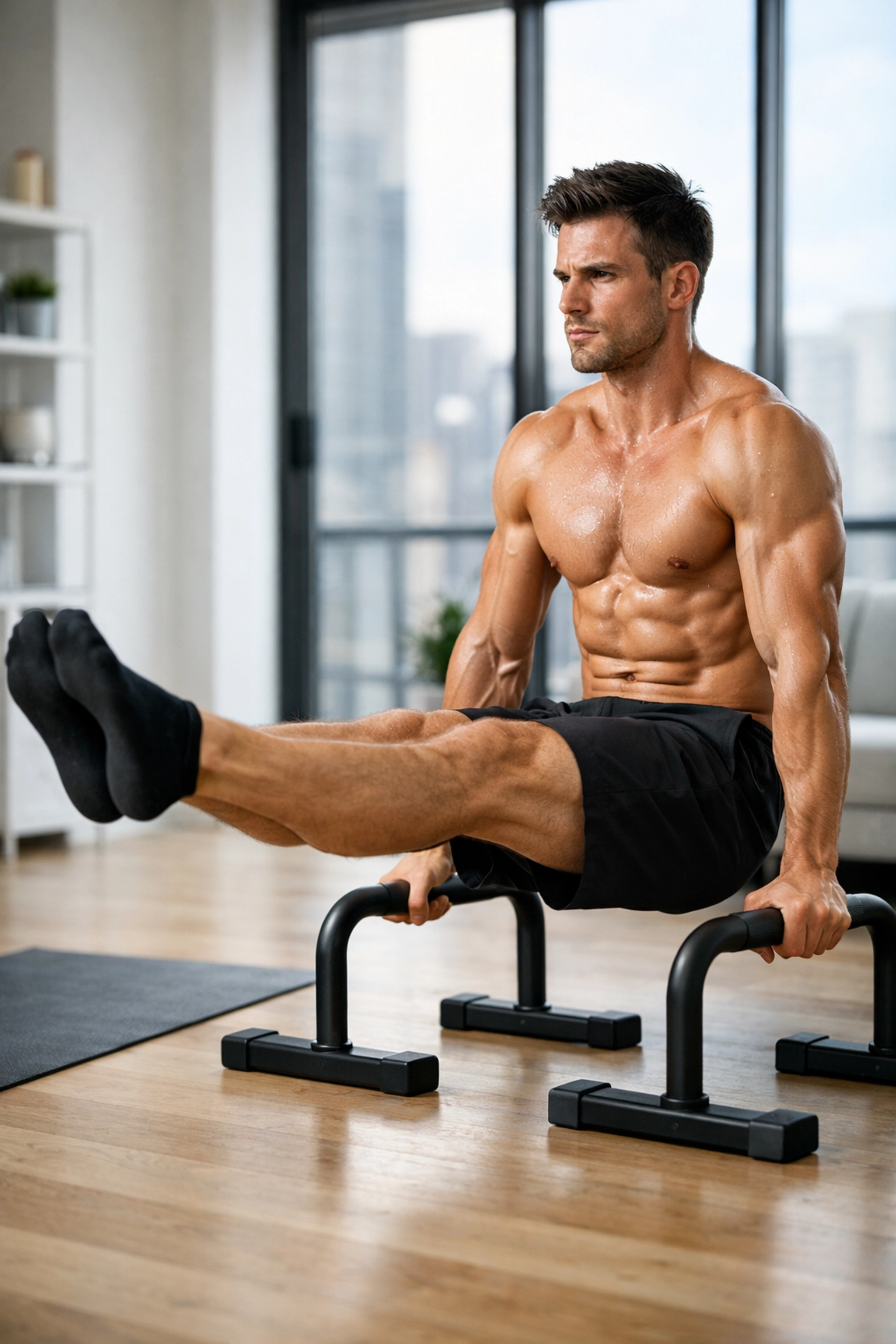 L-sit hold on parallel bars demonstrating advanced calisthenics core exercise at home
