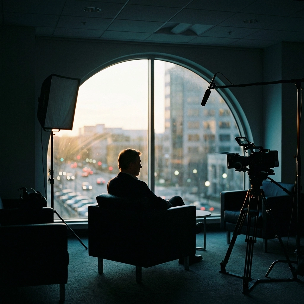 Professional interview video shoot setup near a window using natural light for cinematic brand videos