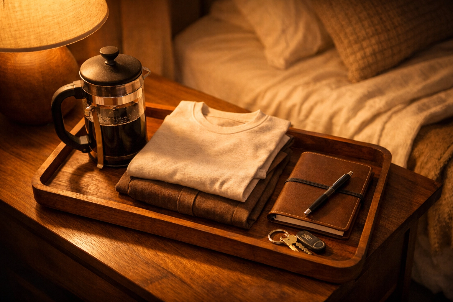 Morning routine preparation with coffee, clothes, and journal laid out the night before