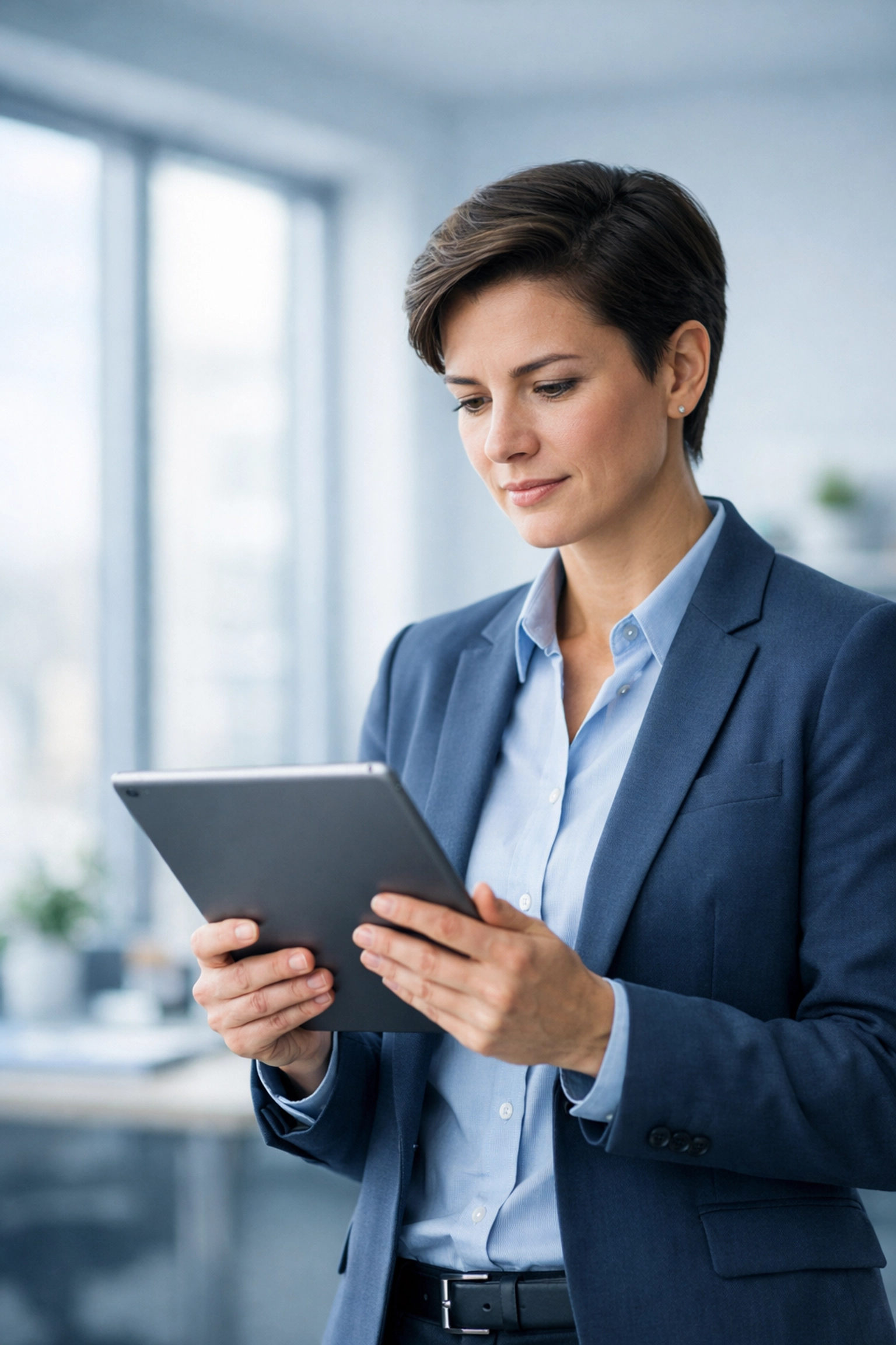 Focused business owner reviewing financial reports on a tablet to ensure QuickBooks data accuracy.
