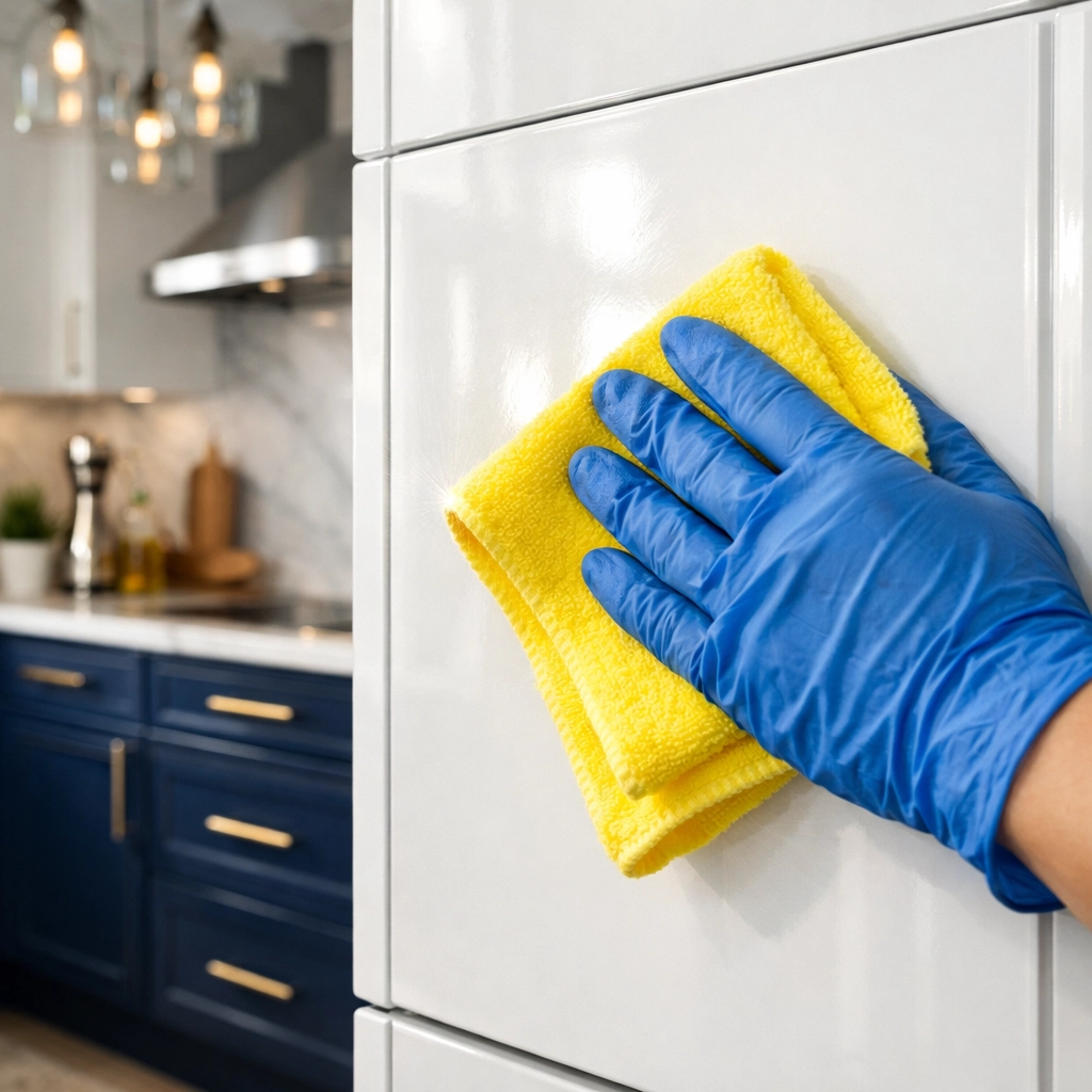 Professional deep cleaning Lowell services featuring a detailed wipe down of modern kitchen cabinets.