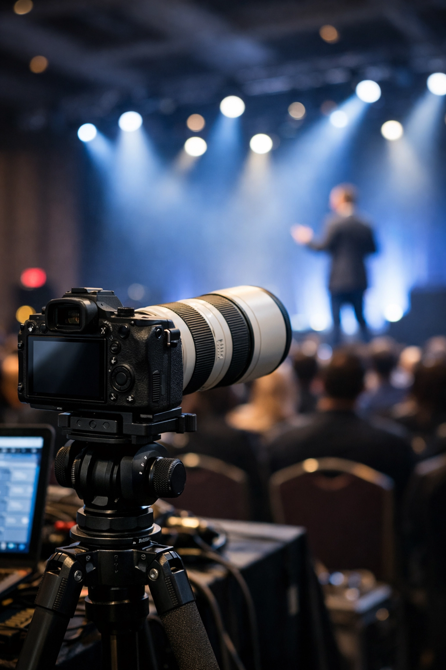 Professional conference photographer Miami setup capturing a keynote speaker in a grand ballroom.