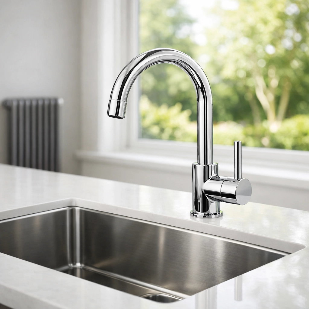Polished kitchen tap and sink illustrating leak-free plumbing systems in a managed property.