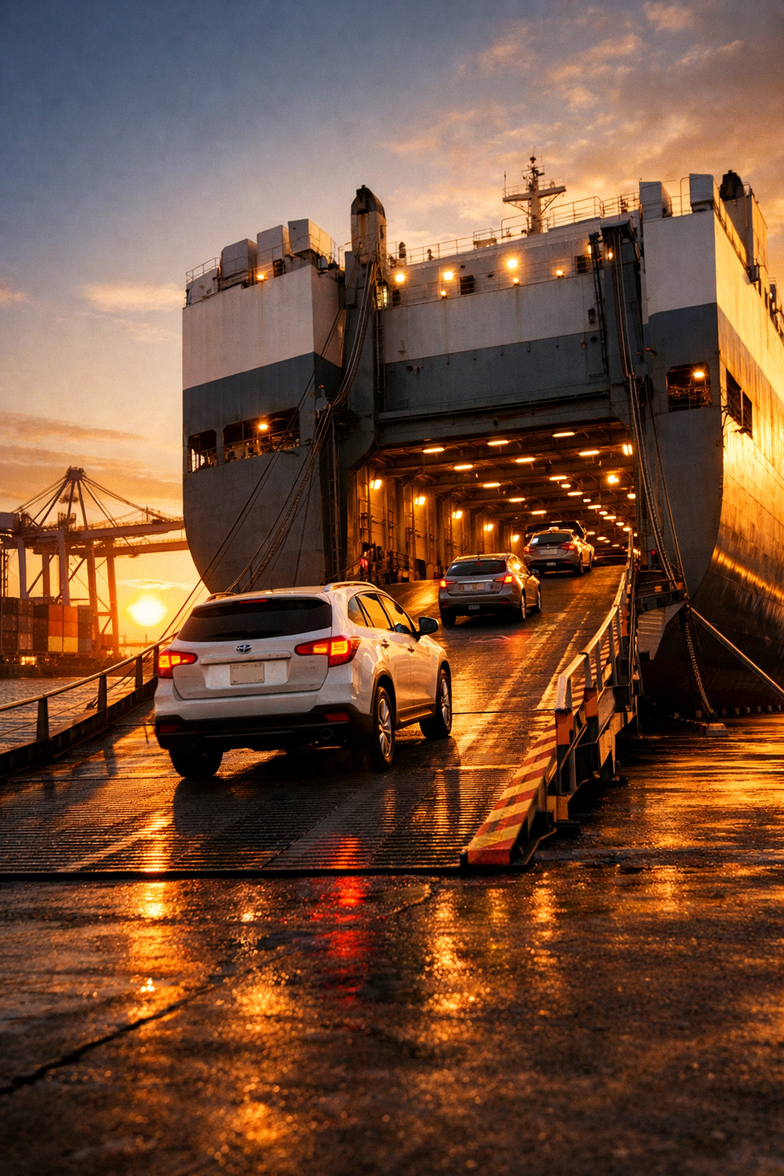 RORO vessel loading vehicles at international seaport during vehicle shipping process